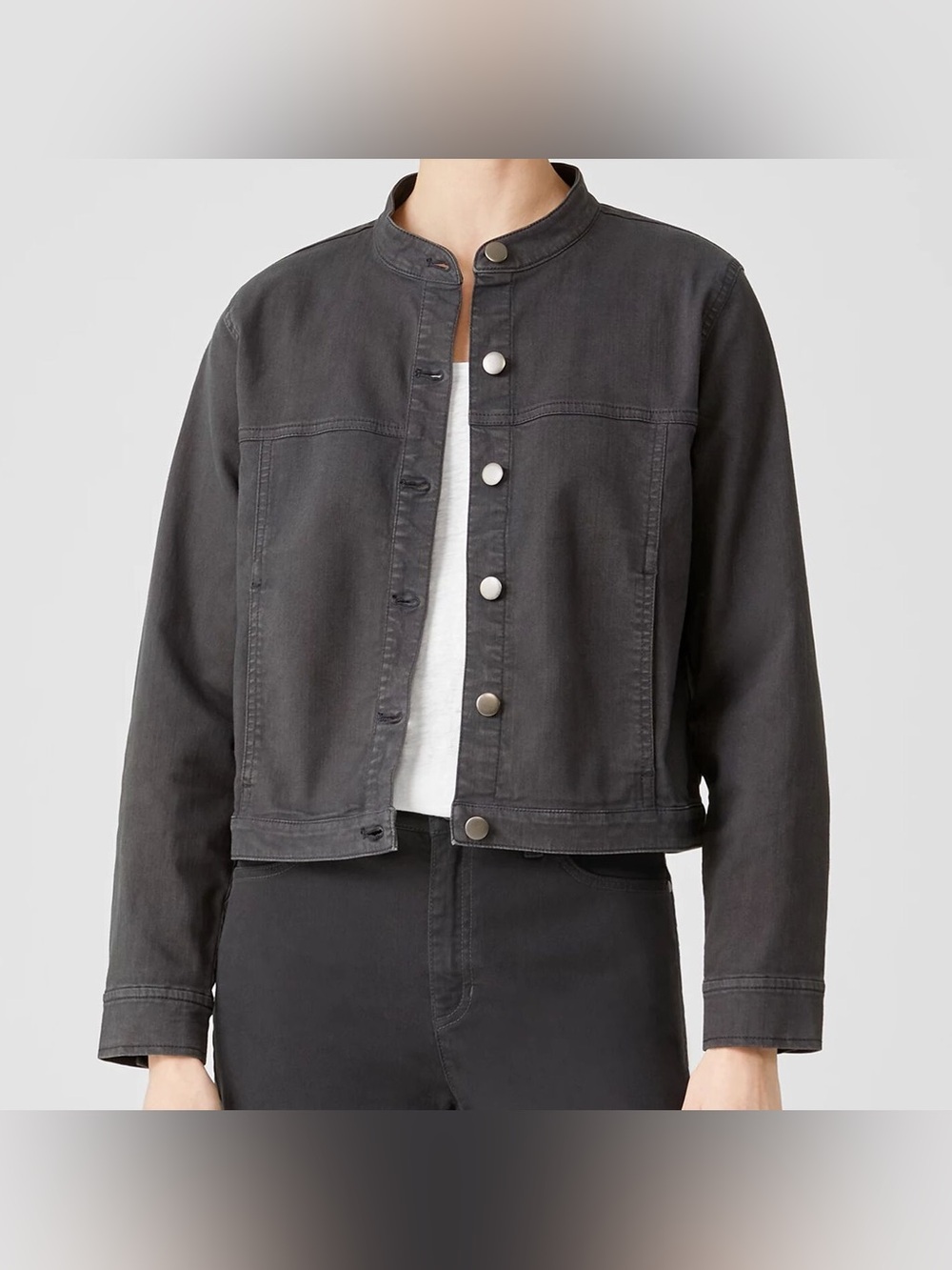 Eileen Fisher Women's Organic Cotton Denim Stand Collar Jacket Gray Size L Comfy